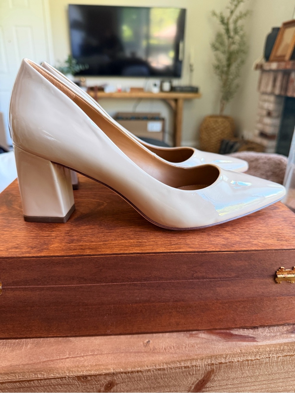14th & Union Nude Patent Pointed Toe Block Heel Pumps 6.5